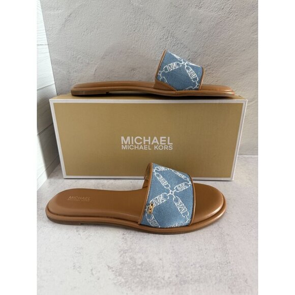 NIB Michael Kors Saylor Slide Sandals Blu Haze Mlt Slip-On Open Toe 9.5M - Picture 2 of 8